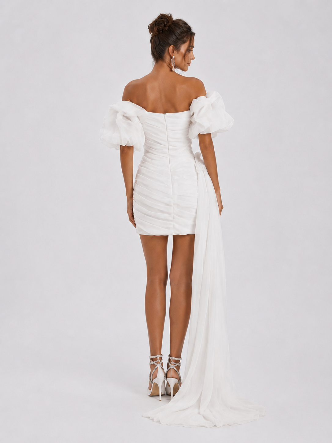 Elegant One-Shoulder Organza Ruched Mini Wedding Dress with Detachable Train