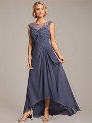 A-line Scoop Illusion Asymmetrical Chiffon Lace Mother of the Bride Dress With Pleated Beading
