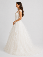 Elegant V-Neck Lace Applique Tulle A-Line Wedding Dress with Sweep Train