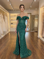 Emerald Off The Shoulder Sequin Mermaid Long Prom Dress with Slit
