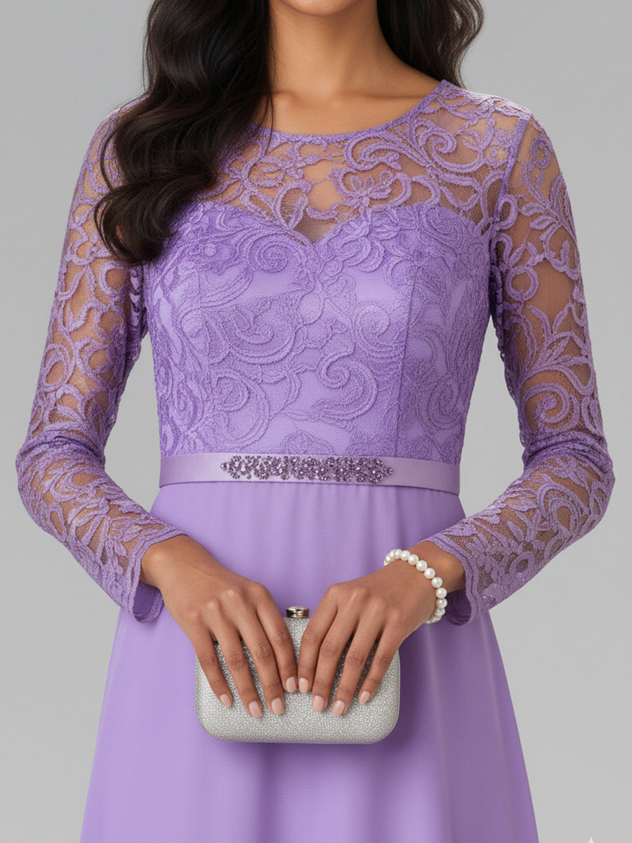 Elegant A-Line Long Lace Sleeves Gown with Beaded Waist