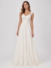 Elegant Lace Bodice Chiffon A-Line Wedding Dress with Cowl Back and Sweep Train