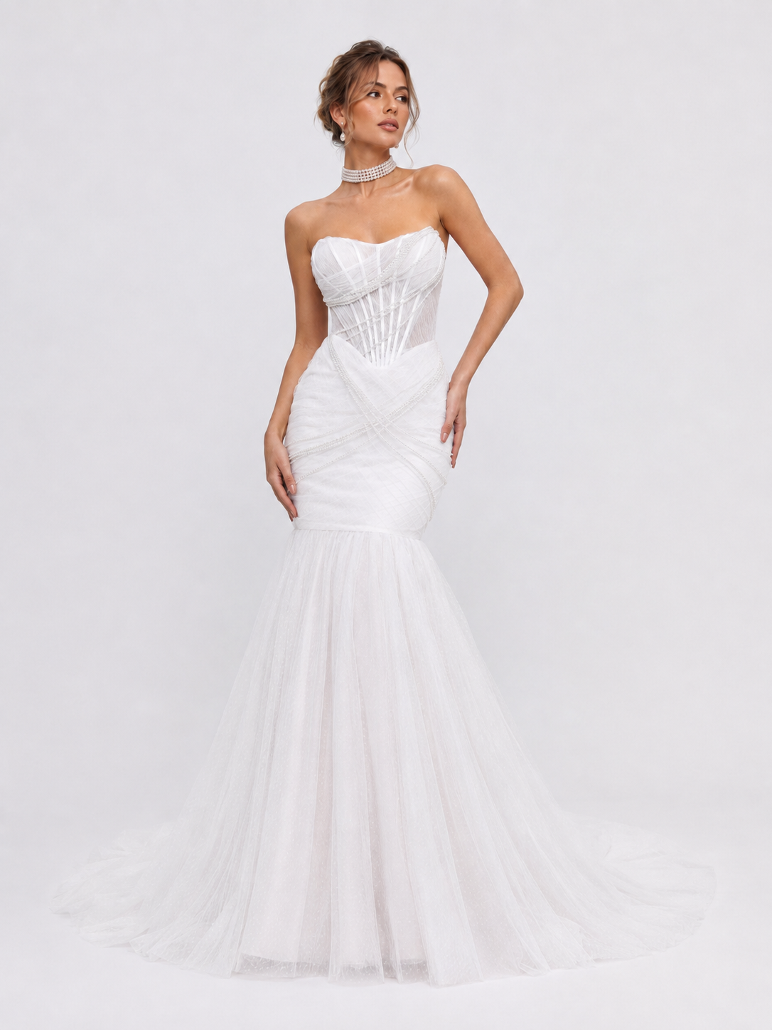 Elegant Strapless Ruched Tulle Mermaid Wedding Dress with Corset Bodice and Chapel Train