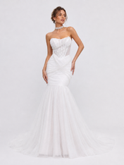 Elegant Strapless Ruched Tulle Mermaid Wedding Dress with Corset Bodice and Chapel Train