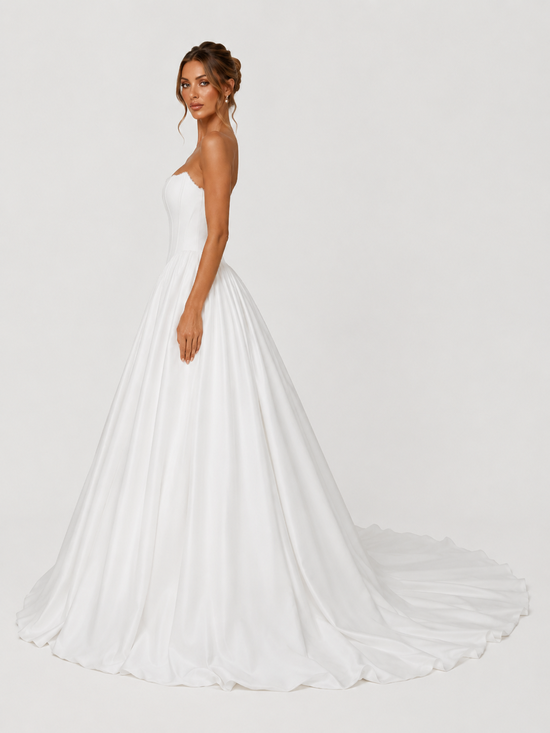 Elegant Strapless Corset Satin Ball Gown Wedding Dress with Chapel Train
