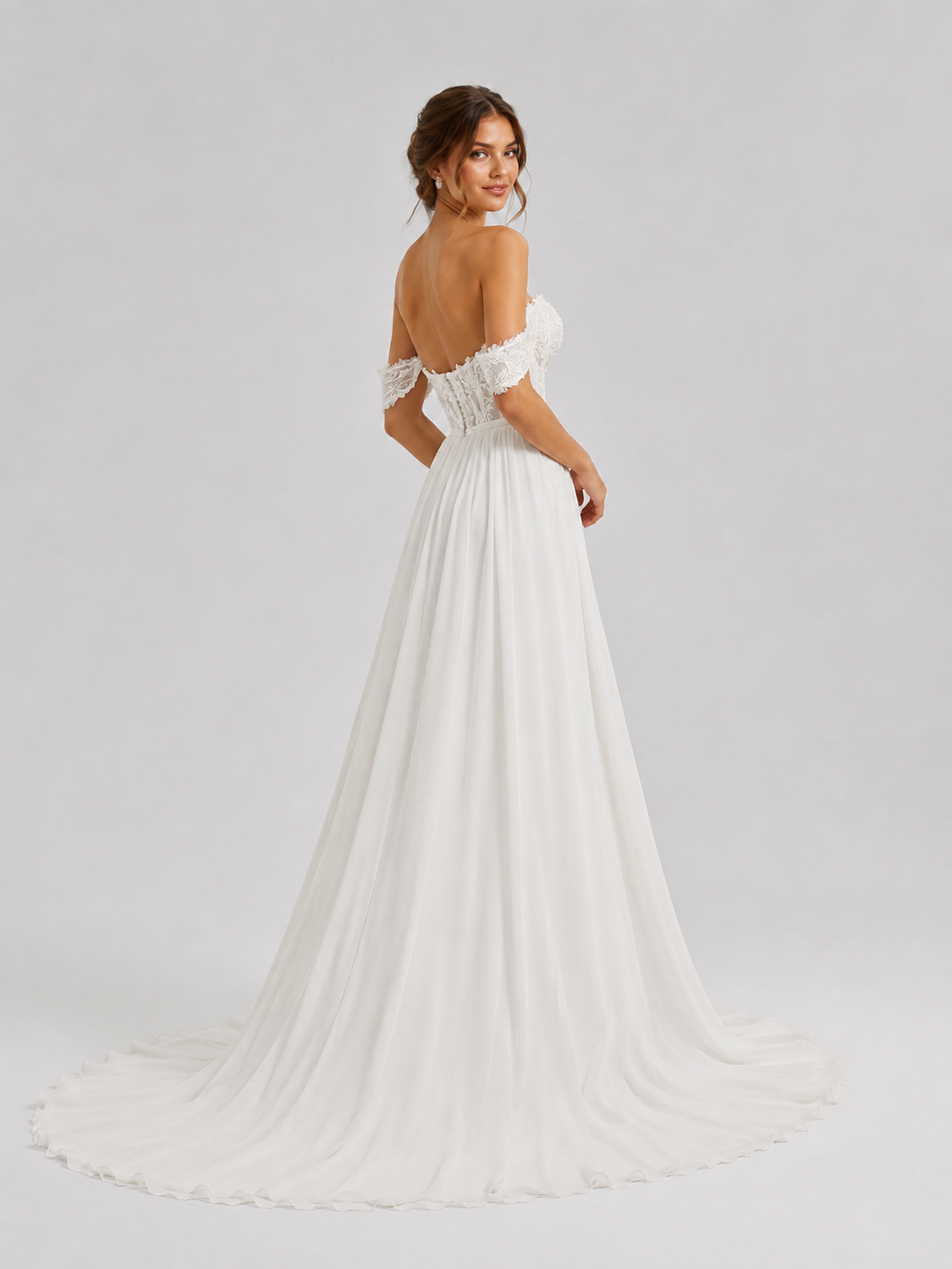 Elegant Off-the-Shoulder Lace Bodice Chiffon A-Line Wedding Dress with Chapel Train