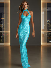 Glamorous Gold Sequin Halter Neck Mermaid Long Prom Dress