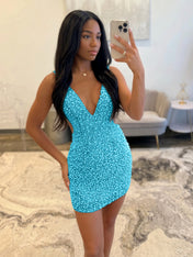 White V Neck Pearl Embellished Short Homecoming Dresses