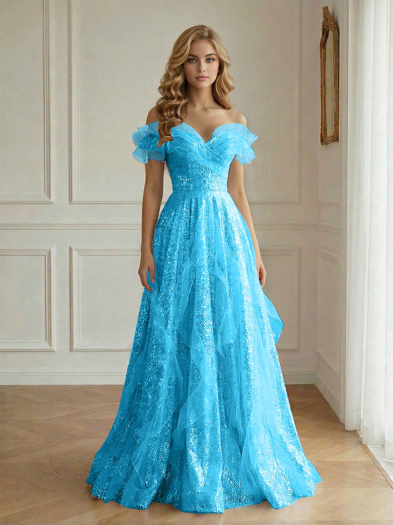 Off-the-Shoulder Sequin Tulle A-Line Gown with Ruffle Accents Prom Dress