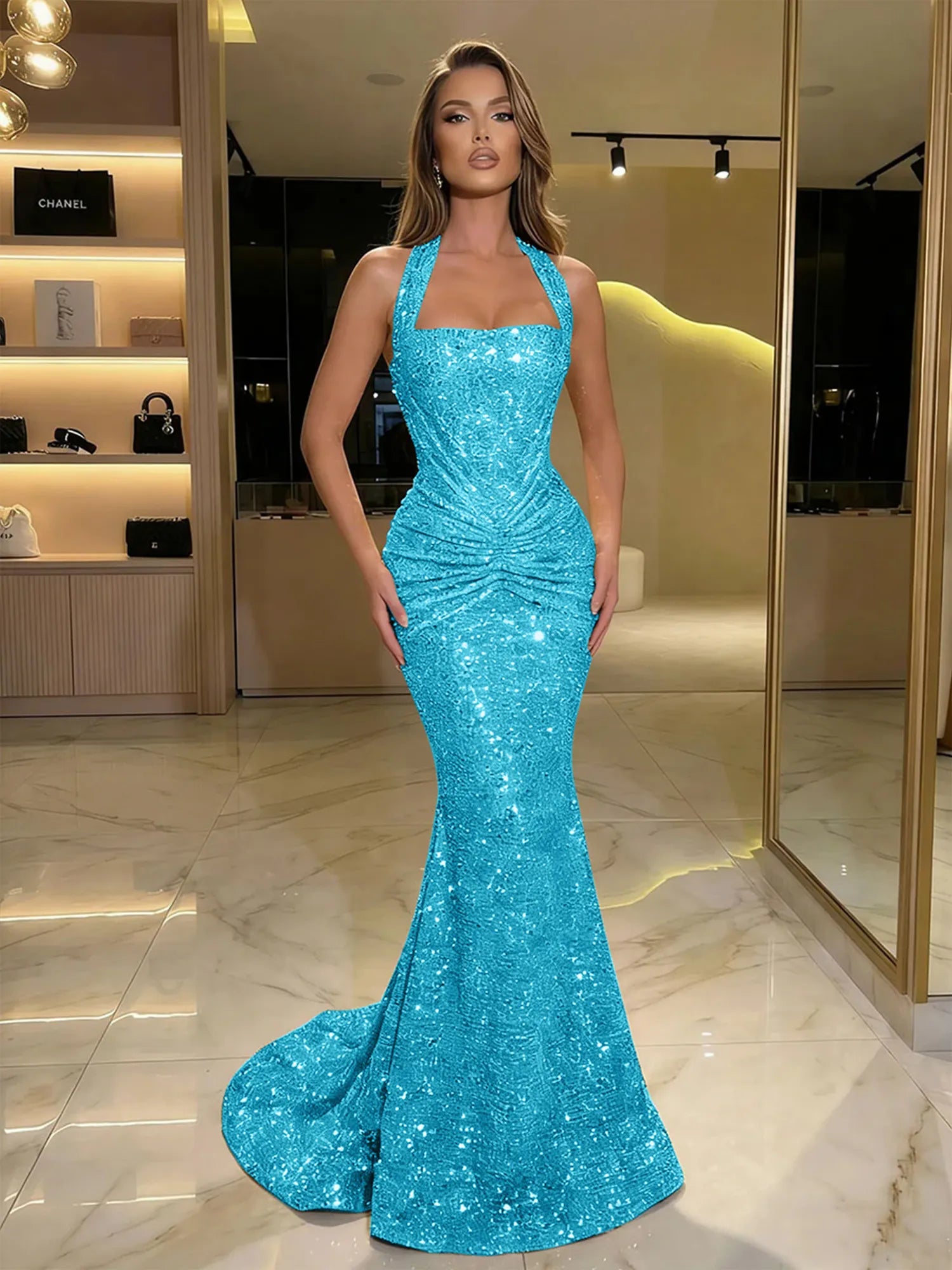 Gold Sequin Halter Mermaid Prom Dress with Ruched Waist