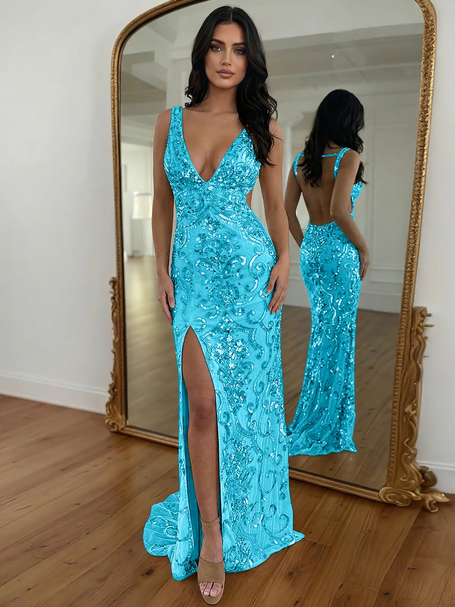 Gold Sequin V-Neck Open Back Mermaid Prom Dress with High Slit