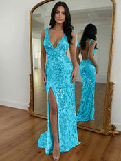 Gold Sequin V-Neck Open Back Mermaid Prom Dress with High Slit