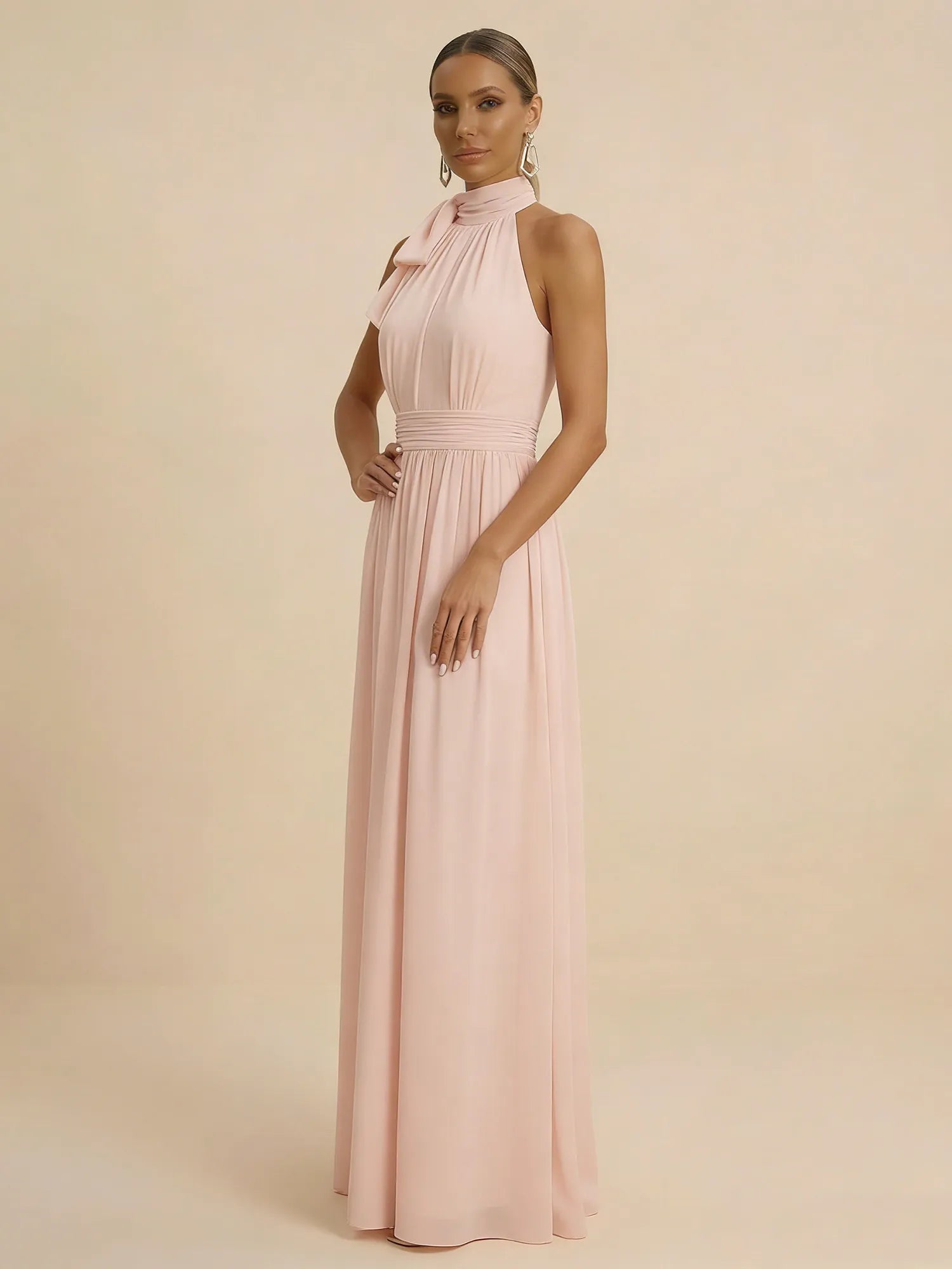 Blush Pink Halter Neck A-Line Chiffon Evening Gown with Shoulder Bow & Ruched Waist