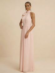 Blush Pink Halter Neck A-Line Chiffon Evening Gown with Shoulder Bow & Ruched Waist