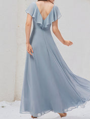 Dusty Blue A-Line V-Neck Floor-Length Chiffon Bridesmaid Dress