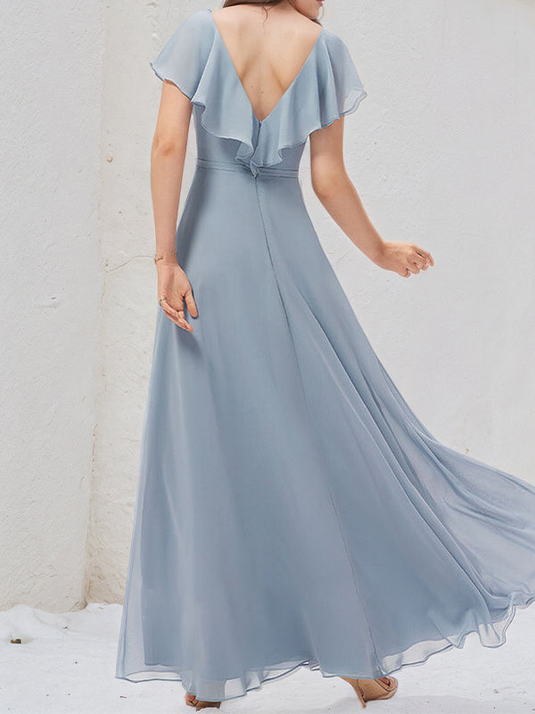 Dusty Blue A-Line V-Neck Floor-Length Chiffon Bridesmaid Dress