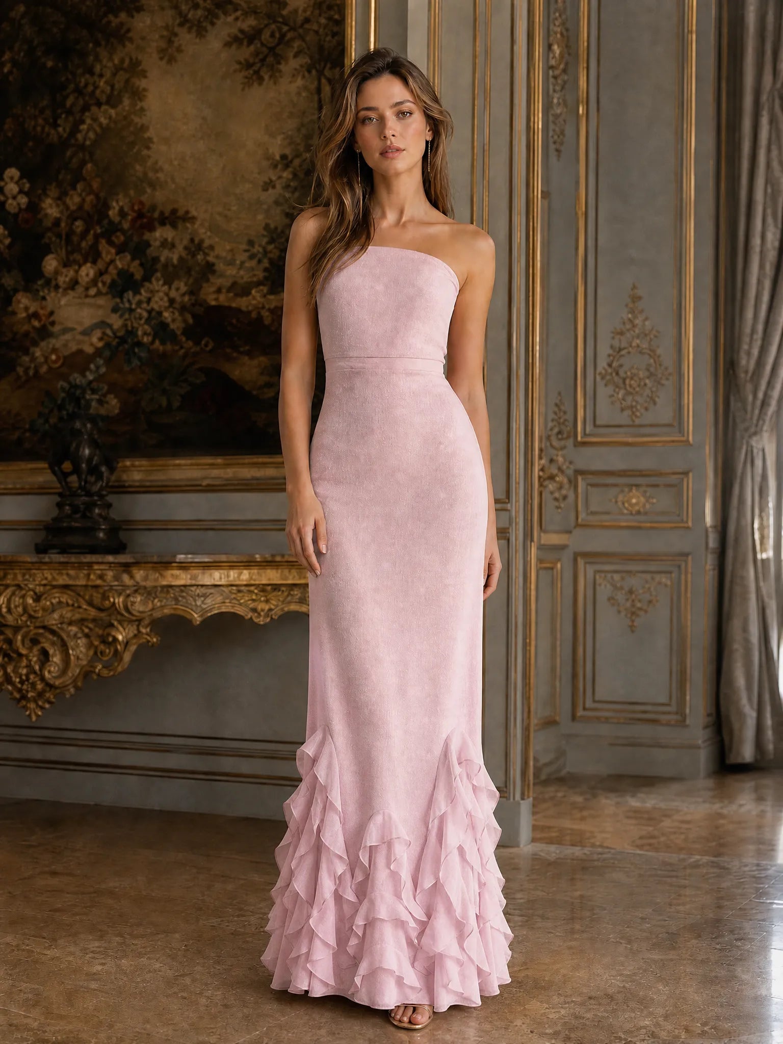 Elegant Dusty Rose Strapless Evening Dress with Cascading Ruffle Hem