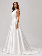Elegant Scoop Neck Satin A-Line Wedding Dress with Pockets and Chapel Train