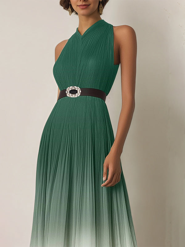 Dreamylily Women Evening Dress Green-White Ombre Pleated Chiffon Belt Ankle Length Dress Dreamylily Women Evening Dress Green-White Ombre Pleated Chiffon Belt Ankle Length Dress