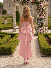 Architectural Blush Pink Strapless High-Low Satin Homecoming Mini Dress