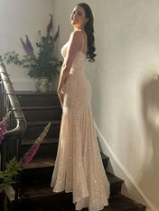 Light Blue Mermaid Spaghetti Straps Long Prom Dress with Beading