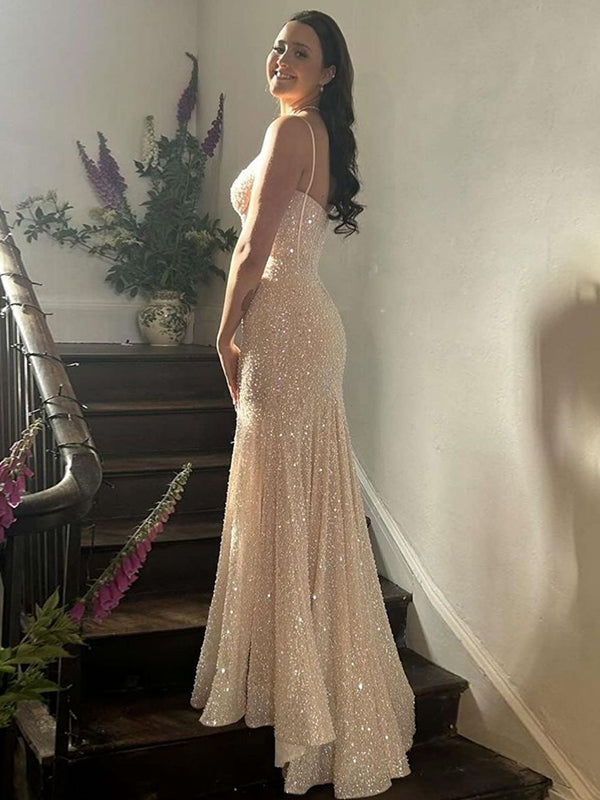 Light Blue Mermaid Spaghetti Straps Long Prom Dress with Beading