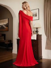 Red Sheath/Column One Shoulder Floor Length Mother of the Bride Dress With Bow
