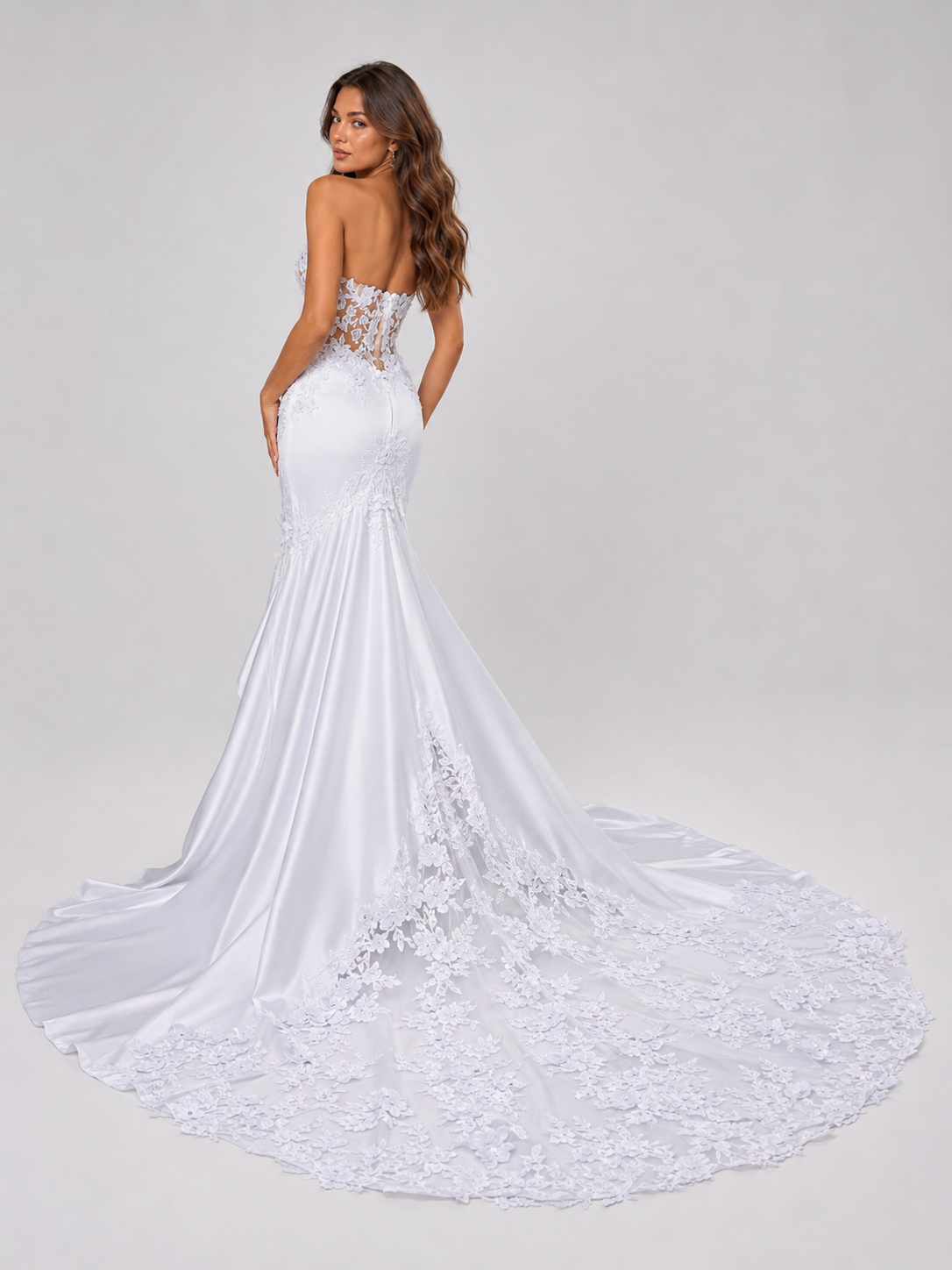 Elegant Strapless Sheer Lace Applique Satin Mermaid Wedding Dress with Chapel Train