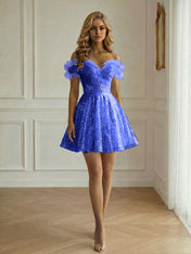 Off-the-Shoulder Lace-Up Back Iridescent Tulle Party Dress Homecoming Dress