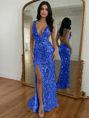 Gold Sequin V-Neck Open Back Mermaid Prom Dress with High Slit