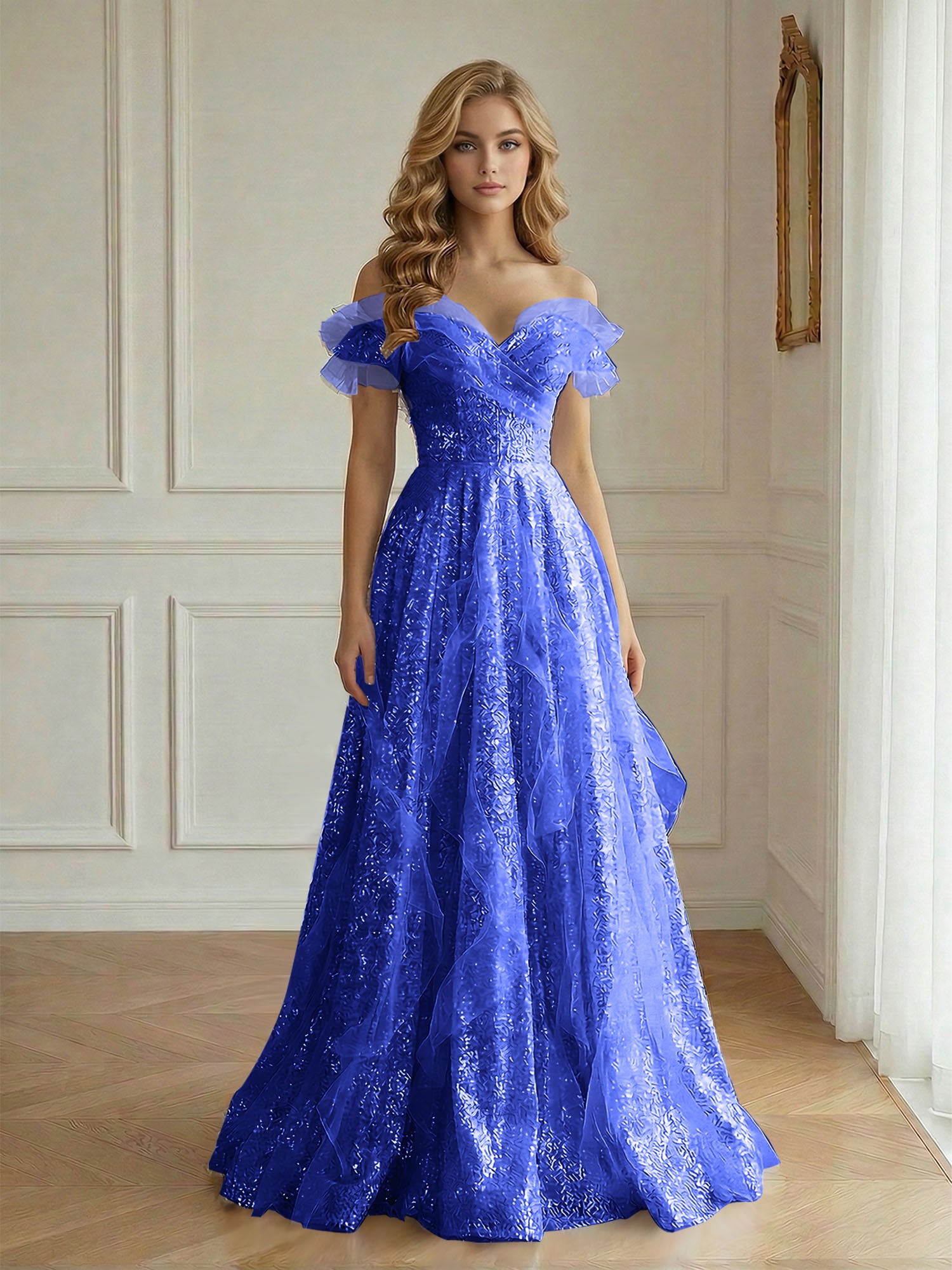 Off-the-Shoulder Sequin Tulle A-Line Gown with Ruffle Accents Prom Dress