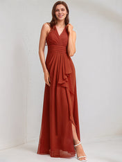 Vermilion Satin A Line V Neck Sleeveless Floor Length Bridesmaid Dress With Ruffle