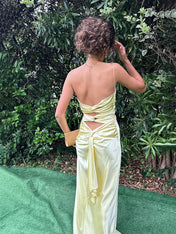 Yellow Mermaid Twist Front Spaghetti Straps Satin Long Prom Maxi Dress