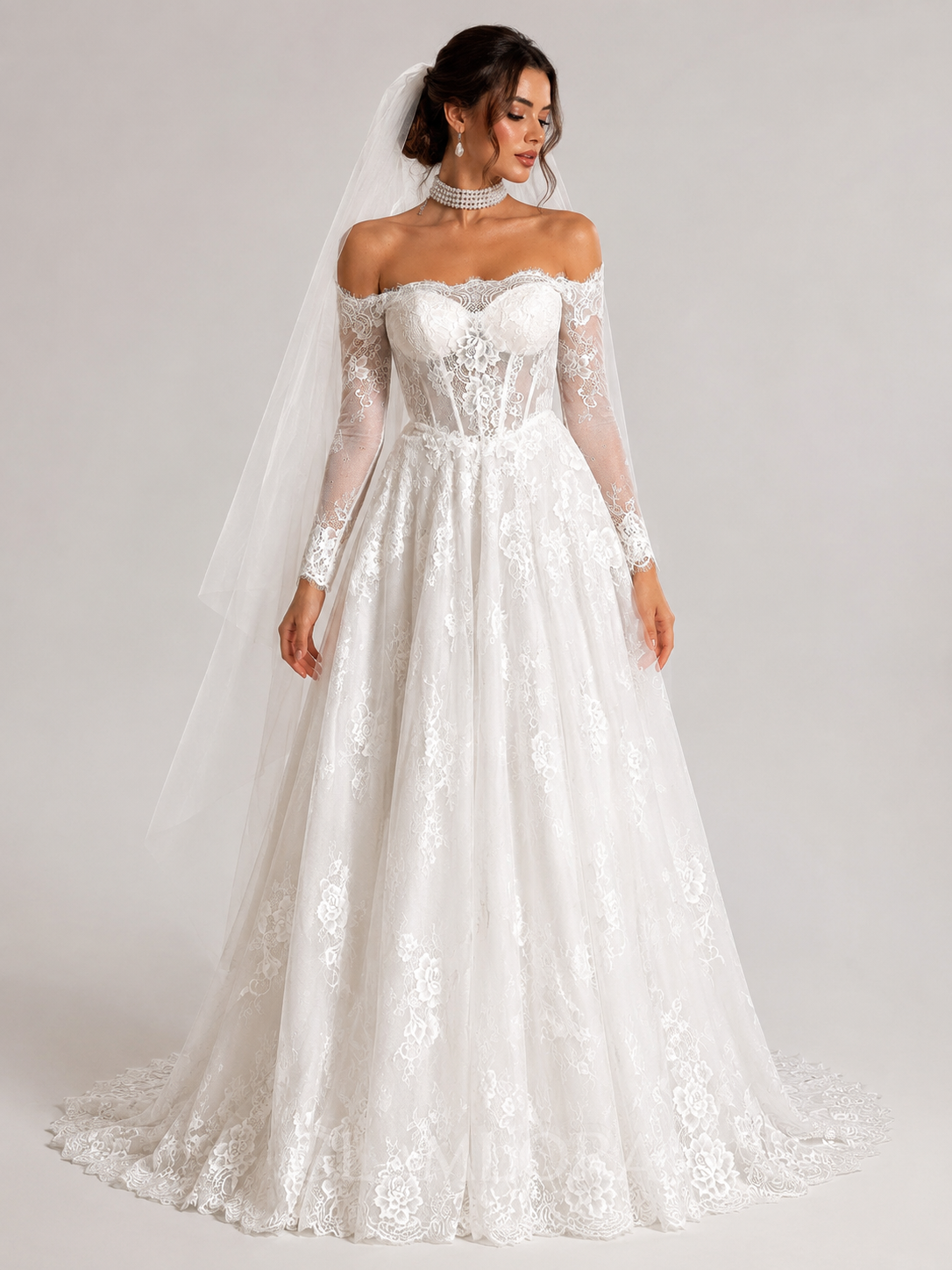 Elegant Off-the-Shoulder Lace Corset A-Line Wedding Dress with Chapel Train