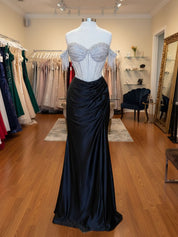 Sheath Off-the-Shoulder Rhinestone Satin Corset Long Prom Dress