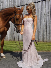 Light Blue Mermaid Spaghetti Straps Long Prom Dress with Beading
