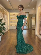 Emerald Off The Shoulder Sequin Mermaid Long Prom Dress with Slit