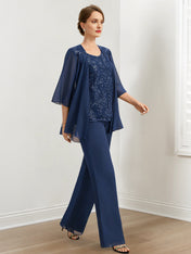 Chiffon Mother of the Bride Pantsuits with Sequins & Jacket