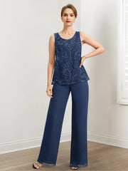 Chiffon Mother of the Bride Pantsuits with Sequins & Jacket
