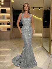 Gold Sequin Halter Mermaid Prom Dress with Ruched Waist