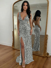 Gold Sequin V-Neck Open Back Mermaid Prom Dress with High Slit