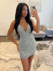 White V Neck Pearl Embellished Short Homecoming Dresses