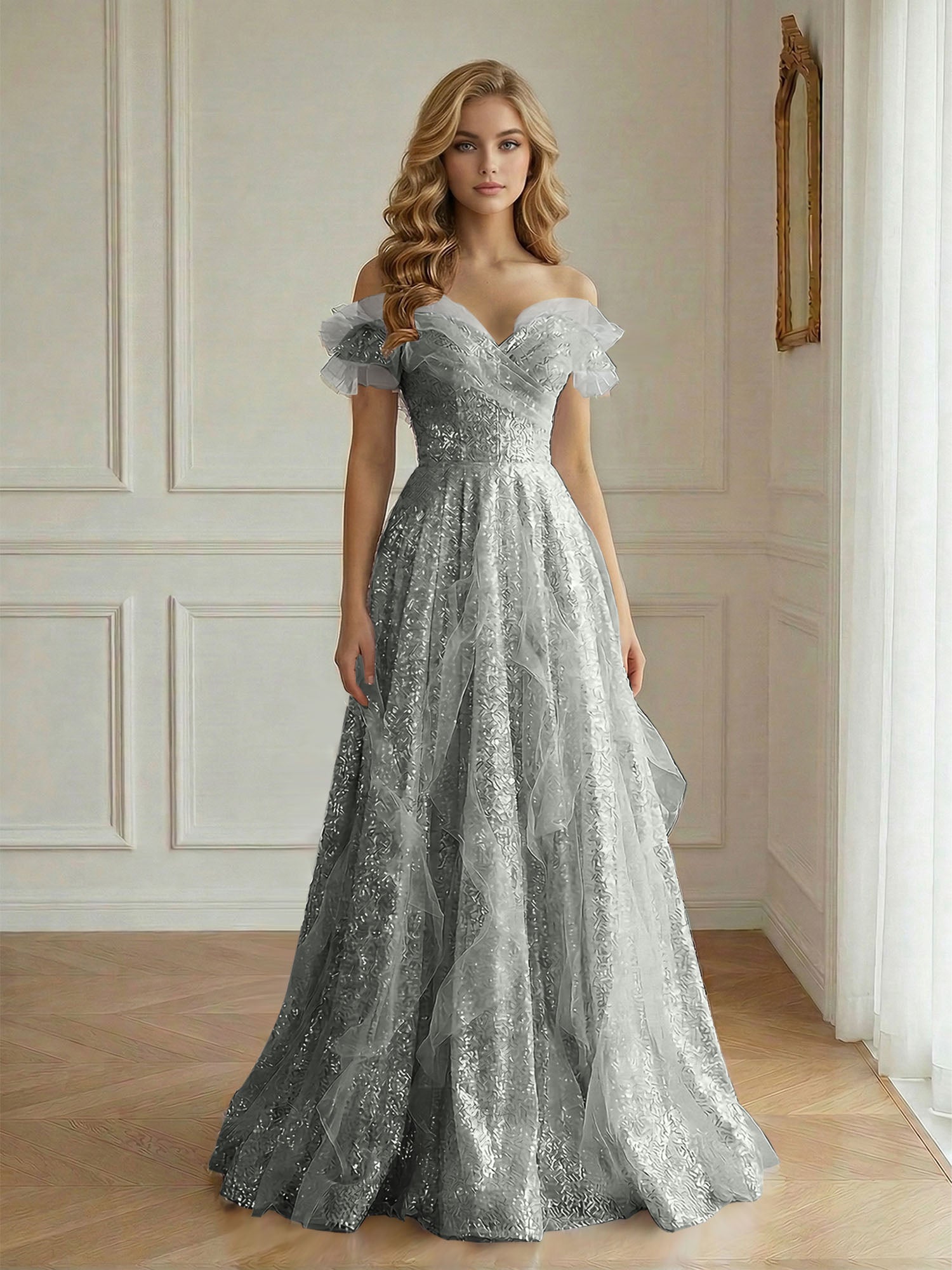 Off-the-Shoulder Sequin Tulle A-Line Gown with Ruffle Accents Prom Dress