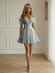 Off-the-Shoulder Lace-Up Back Iridescent Tulle Party Dress Homecoming Dress