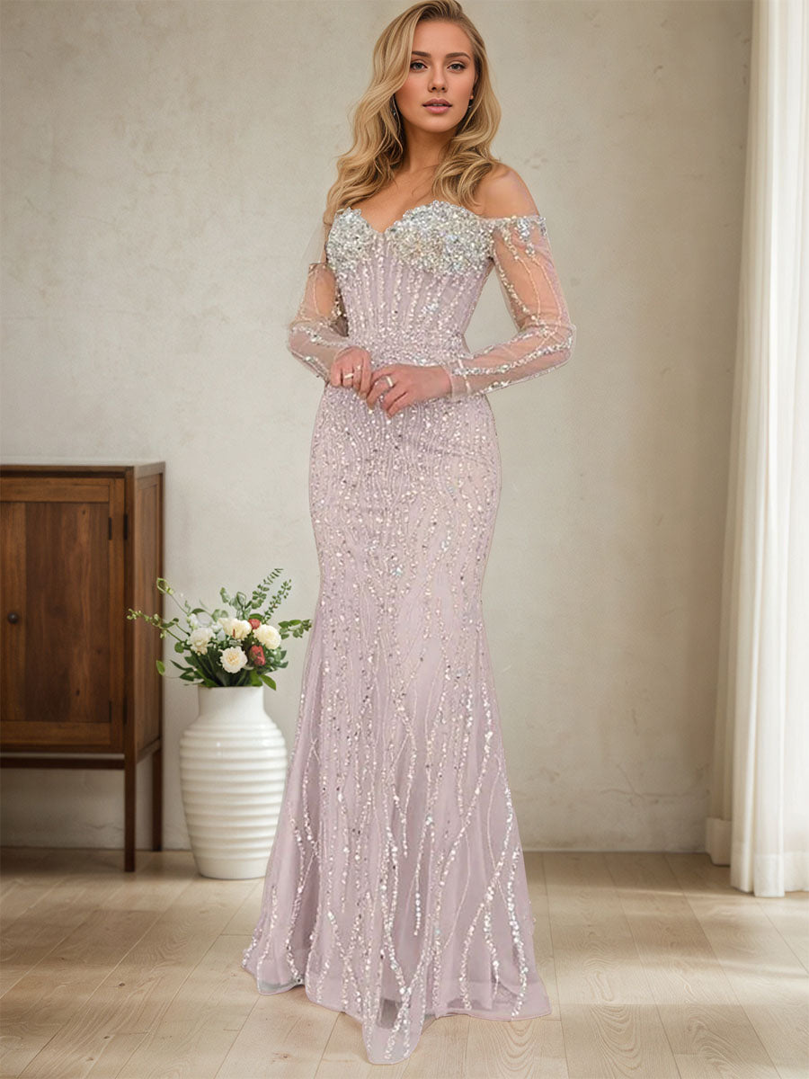 Sparkly Champagne Mermaid Off the Shoulder Long Prom Dress With Corset