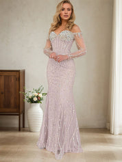 Sparkly Champagne Mermaid Off the Shoulder Long Prom Dress With Corset