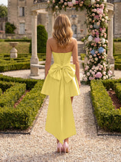 Architectural Blush Pink Strapless High-Low Satin Homecoming Mini Dress