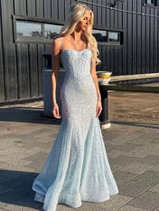 Light Blue Mermaid Spaghetti Straps Long Prom Dress with Beading