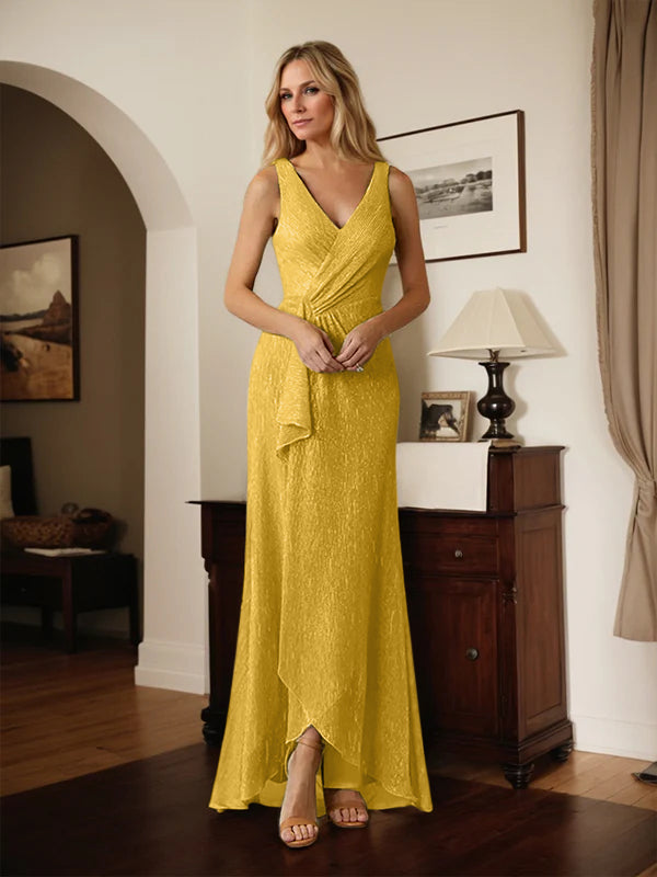 A-Line V-Neck Ruched Metallic Mesh Dress