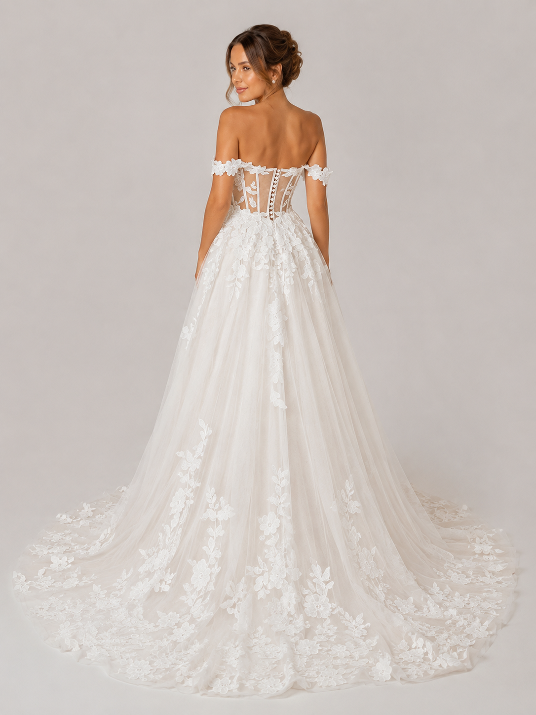 Elegant Off-the-Shoulder Lace Appliquéd Tulle A-Line Wedding Dress with Chapel Train